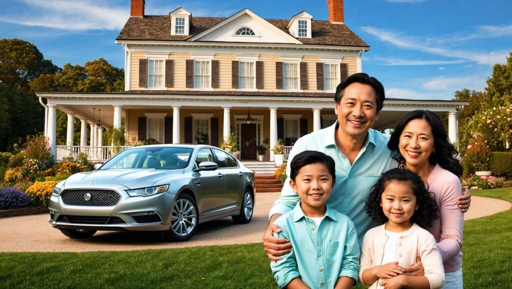 a happy family with a car and a house