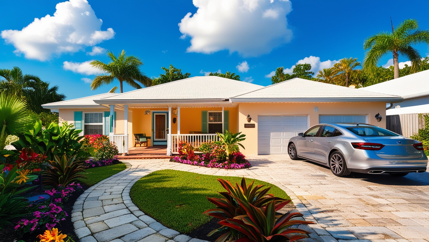 home with a garden and a car in front of the garage