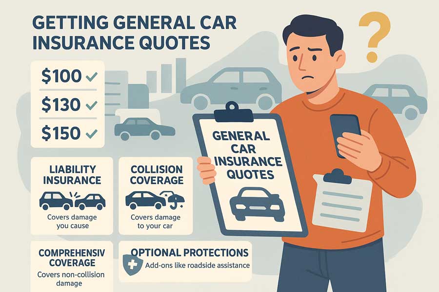 Infographic showing a man holding a clipboard labeled 'General Car Insurance Quotes' and a smartphone, surrounded by icons representing liability insurance, collision coverage, comprehensive coverage, and optional protections, with sample quote prices $100, $130, and $150