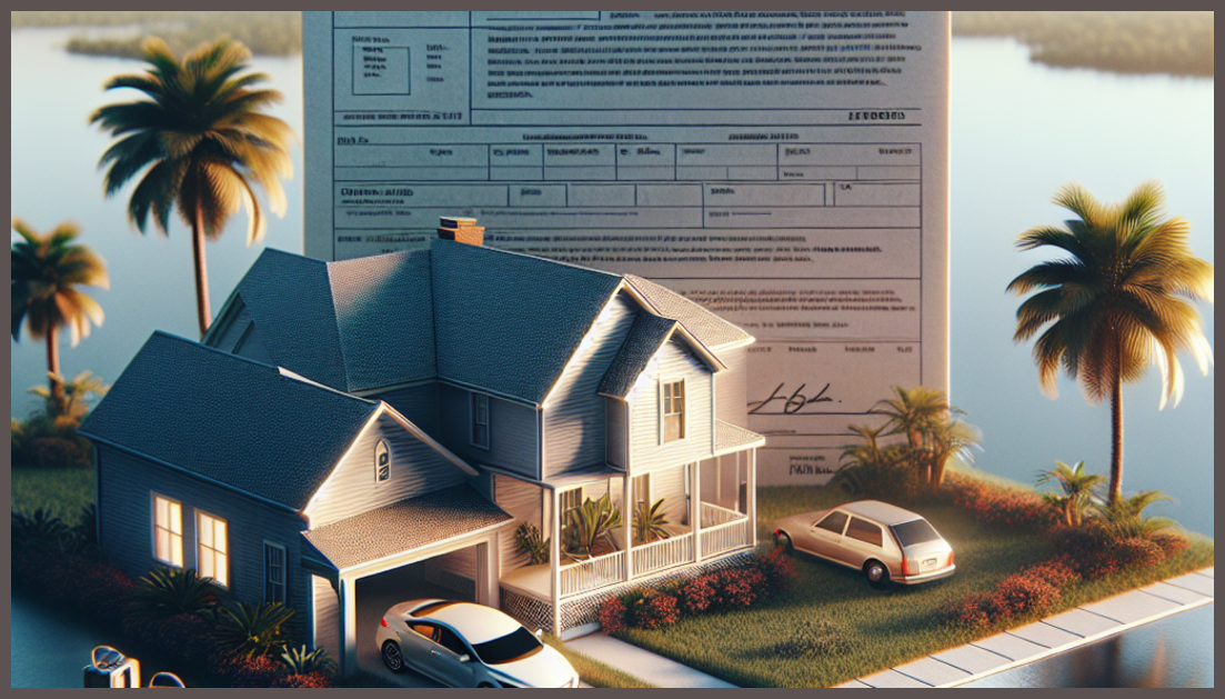 A simple home with an insurance document and the Florida outline.