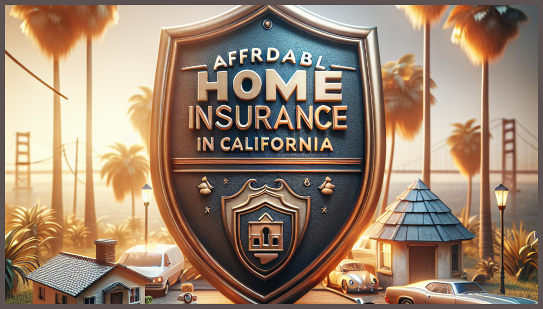 A shield symbolizing home insurance with California landmarks in the background.