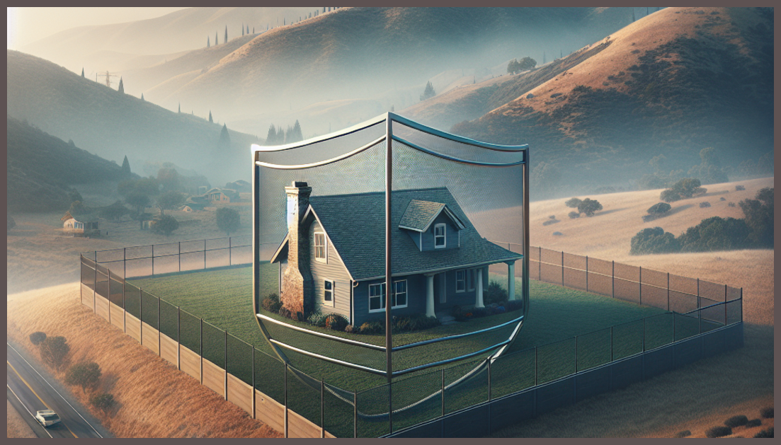 Photograph of a house protected by insurance during wildfire season.