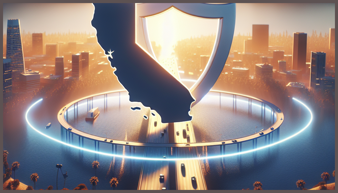 Abstract representation of California with insurance elements, conveying trust.