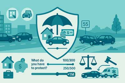 urban and rural crashes flank a shield with an umbrella over a home, car, and savings; sliders show liability limits 100/300, 250/500, and +$1M umbrella.