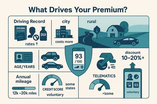 Infographic titled “What Drives Your Premium?” showing factors that raise or lower car-insurance rates: driving record (tickets, accidents, DUI), city vs. rural location, age/experience, vehicle type/repair cost, annual mileage, credit score in some states, and telematics apps scoring safe driving (e.g., 93/100) with voluntary discounts of 10–20%+.