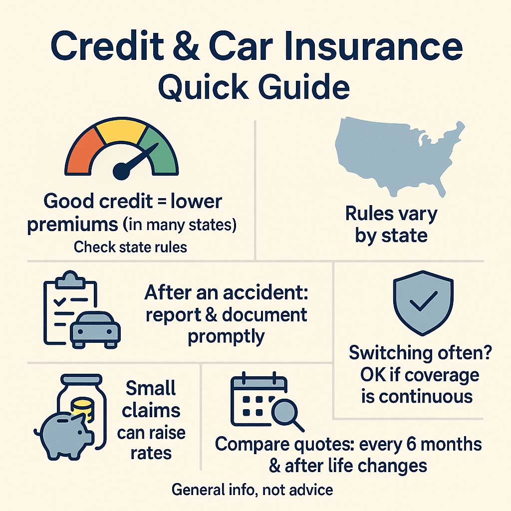 Credit & Car Insurance tips—good credit may lower premiums (in many states); report accidents; small claims can raise rates; switching is OK with continuous coverage; compare quotes twice a year.”