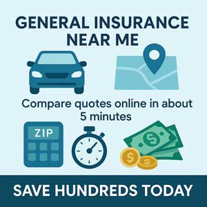 “General Insurance Near Me” with car and map pin icons; text reads “Compare quotes online in about 5 minutes,” with ZIP keypad, stopwatch, cash, and a banner “Save Hundreds Today.”