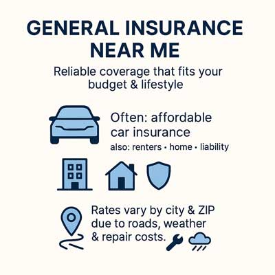 Infographic titled “GENERAL INSURANCE NEAR ME.” Subhead: “Reliable coverage that fits your budget & lifestyle.” Says searches often mean affordable car insurance; also renters, home, liability. Note: rates vary by city & ZIP due to roads, weather, and repair costs. Icons: car, building, house, shield, map pin, wrench, cloud.