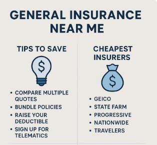 Infographic titled “General Insurance Near Me.” Left column “Tips to Save” (lightbulb): compare quotes, bundle policies, raise deductible, sign up for telematics. Right column “Cheapest Insurers” (money bag): GEICO, State Farm, Progressive, Nationwide, Travelers.