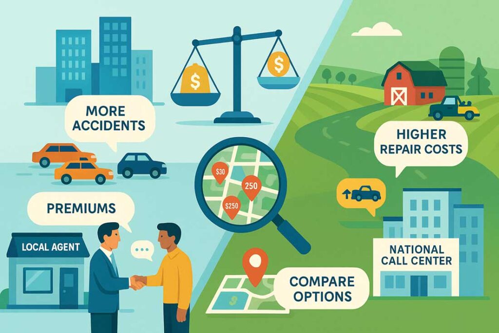 Split-screen infographic showing how location affects insurance prices. Left: busy city traffic, money scale, and a customer shaking hands with a local agent, with labels “More accidents” and “Premiums.” Right: rural road with barn and pickup, labeled “Higher repair costs” and “National call center.” A magnifying glass over a map and a tag “Compare options” reinforce shopping locally.
