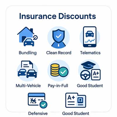 Square infographic titled “Insurance Discounts” with seven labeled icons—Bundling (house + car), Clean Record (shield), Telematics (phone with driving graph), Multi-Vehicle (two cars), Pay-in-Full (coins + check), Defensive Driving (license card + check), and Good Student (graduation cap + A+).