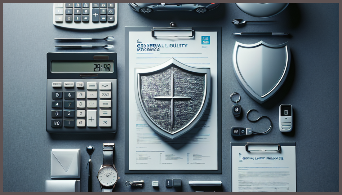 A calculator and insurance documents representing liability coverage.