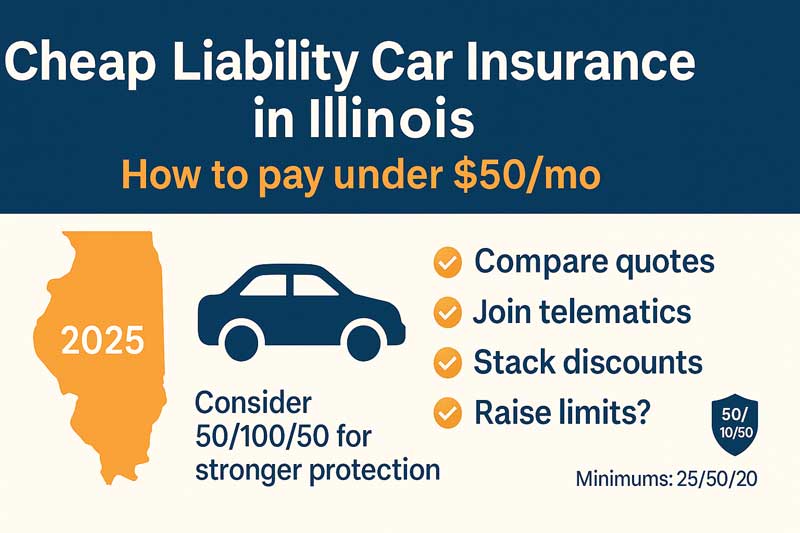 Infographic on cheap Illinois liability car insurance: pay under $50/mo; minimums 25/50/20; consider 50/100/50; tips on quotes, telematics, discounts