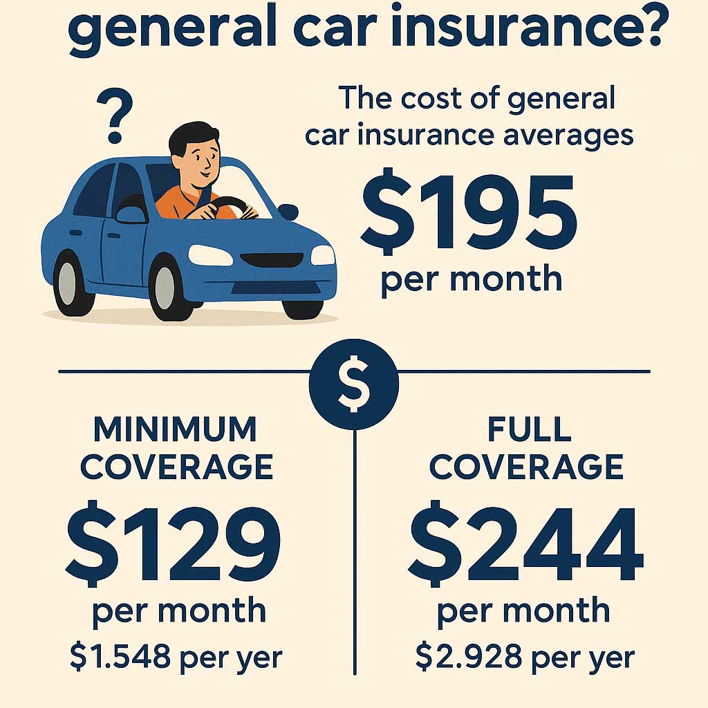 Infographic showing the average cost of general car insurance: $195 per month nationwide, with minimum coverage averaging $129 per month ($1,548 per year) and full coverage averaging $244 per month ($2,928 per year), illustrated with a driver in a blue car and a dollar sign icon.
