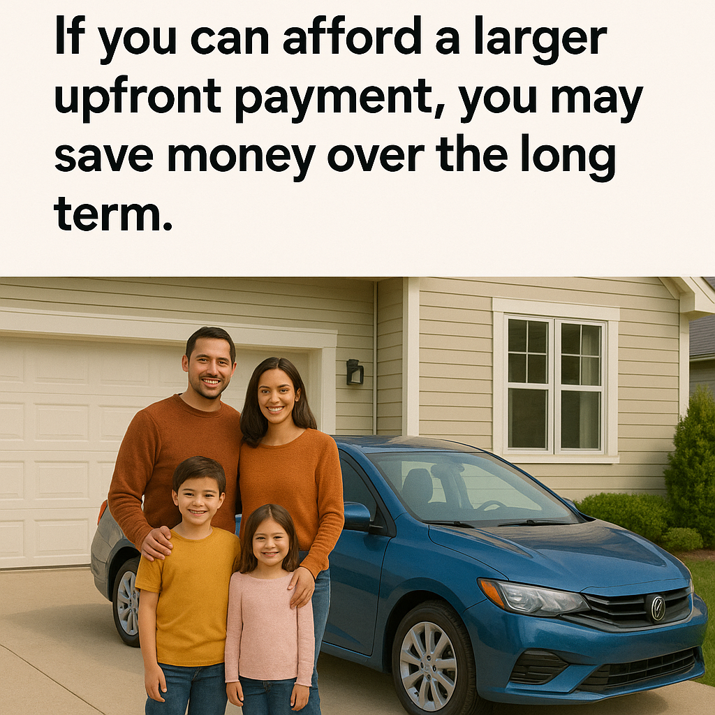 Infographic-style photo of a smiling family of four standing in front of their house and blue car, with the text ‘If you can afford a larger upfront payment, you may save money over the long term’ displayed above them.
