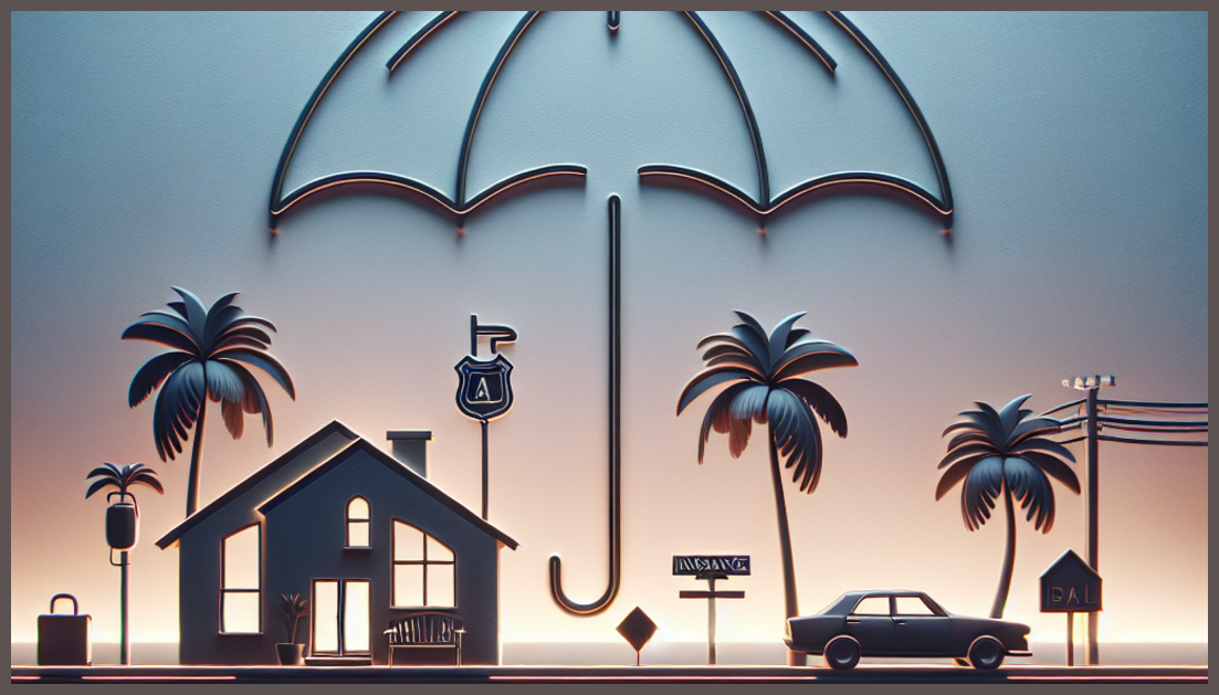 A house silhouette with insurance symbols and Florida elements.