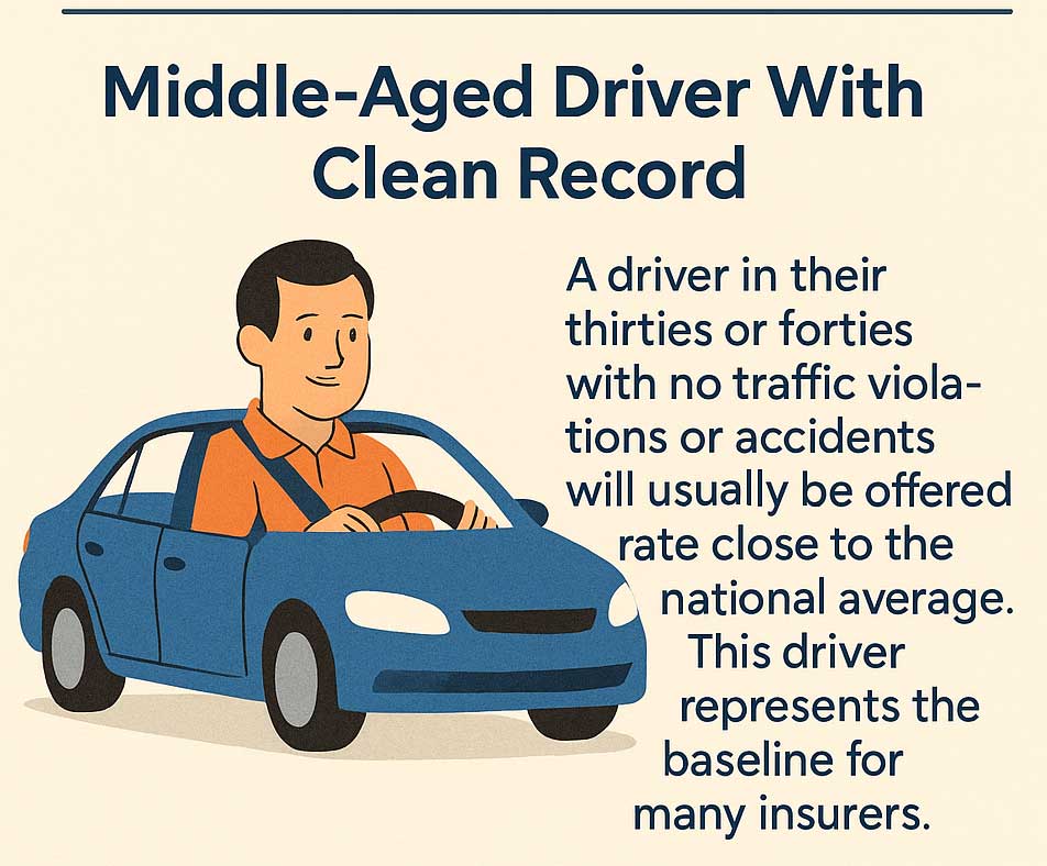 Infographic titled ‘Average General Auto Insurance Rates By Driver Profile and Location,’ explaining that middle-aged drivers in their thirties or forties with a clean record usually pay rates close to the national average, illustrated with a smiling man driving a blue car