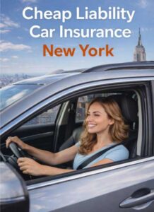 Banner showing a driver in a car with New York City skyline in the background, promoting cheap liability car insurance in New York.