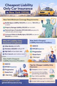 Infographic explaining the cheapest liability-only car insurance in New York, including state minimum coverage requirements, average costs, cheapest providers, and tips to lower premiums.