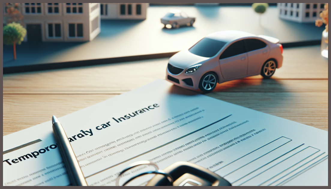 Symbolic representation of temporary car insurance with a detailed car and policy documents.