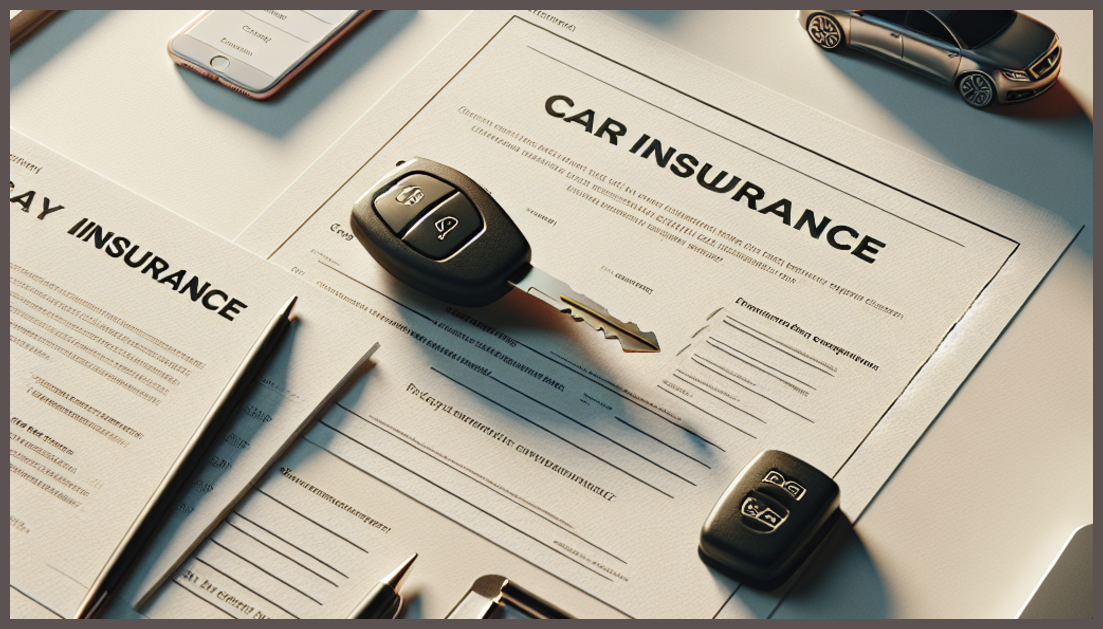 Photorealistic depiction of car insurance documents and a car key.