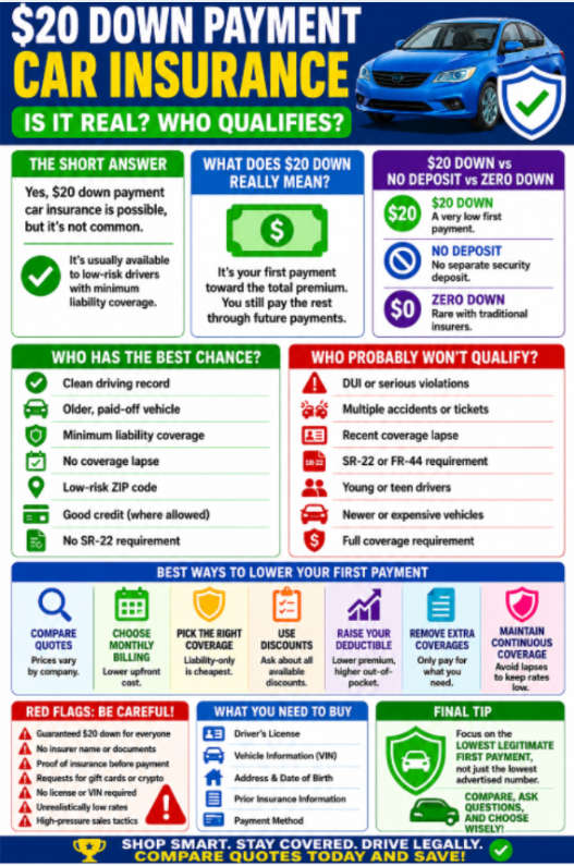 Infographic on $20 down payment car insurance options