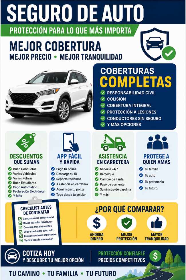 Resumen visual de coberturas, descuentos y asistencia del seguro de auto GEICO
