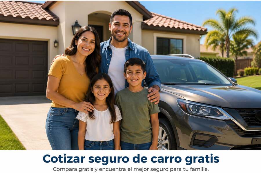 Familia latina junto a su automóvil mientras compara cotizaciones gratuitas de seguro de carro