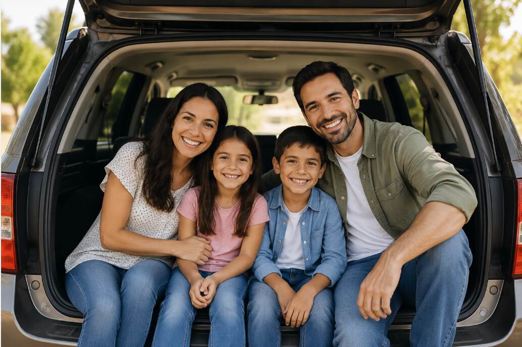 Familia junto a su vehículo al considerar un seguro de auto State Farm
