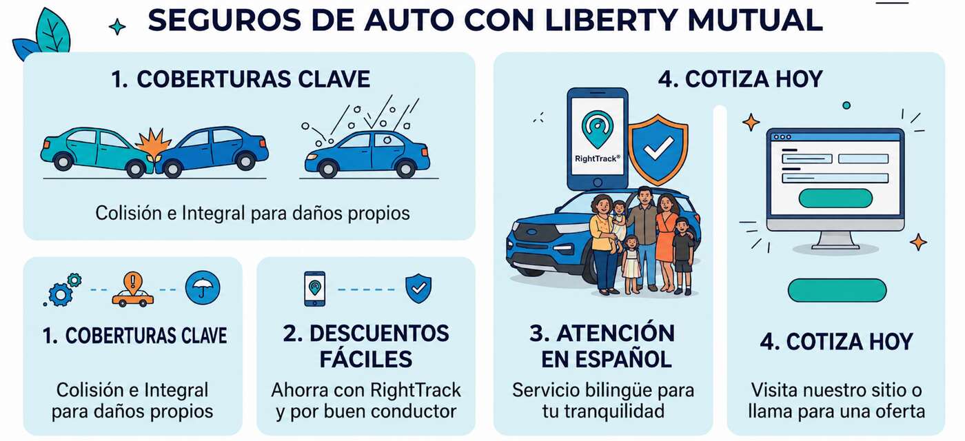 Infografía sobre coberturas, descuentos y atención en español de Liberty Mutual