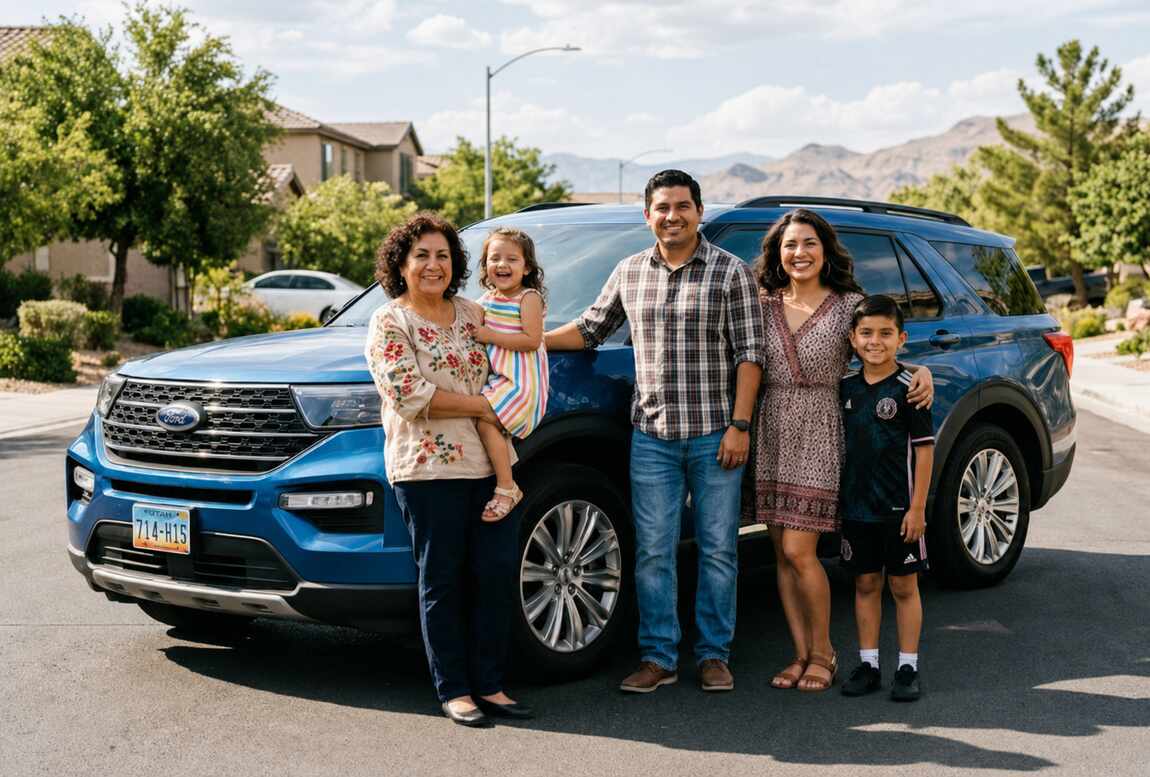 Familia latina junto a su automóvil durante una reseña de Liberty Mutual Insurance