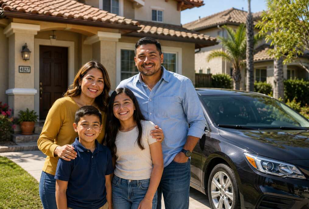 Familia latina junto a su vivienda y automóvil al evaluar una póliza de Mercury Insurance