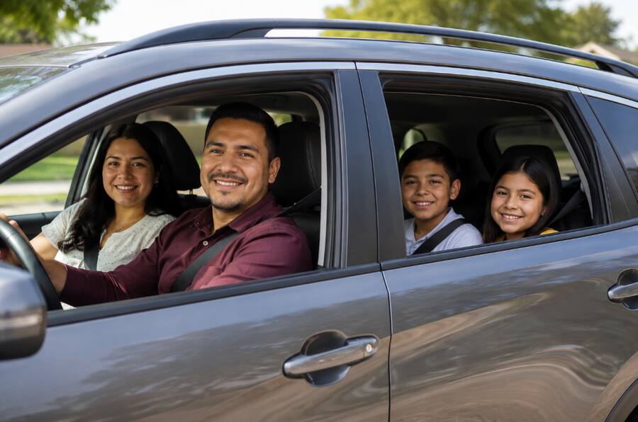Familia latina dentro de un vehículo asegurado