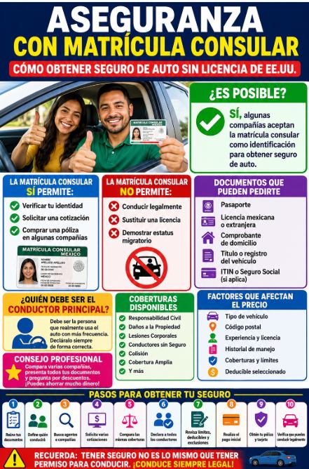 Infografía sobre cómo obtener aseguranza con matrícula consular y los documentos necesarios