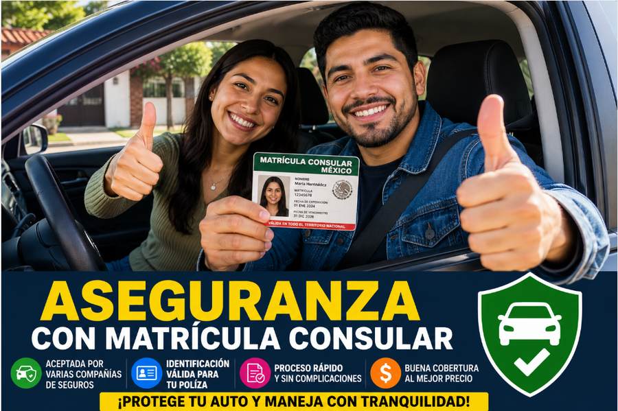 Pareja latina en un automóvil mostrando una matrícula consular para solicitar seguro de auto