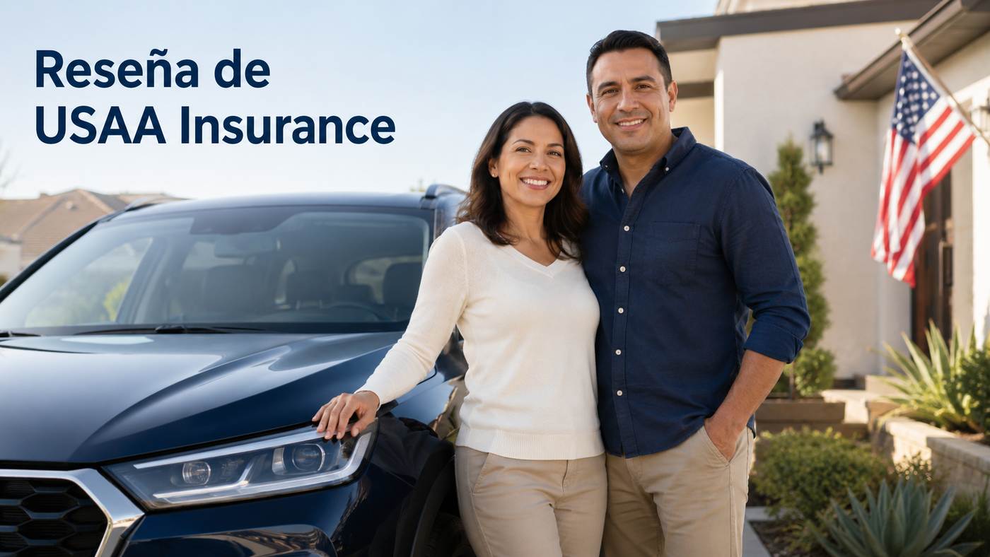 Pareja latina junto a un automóvil en una reseña de USAA Insurance