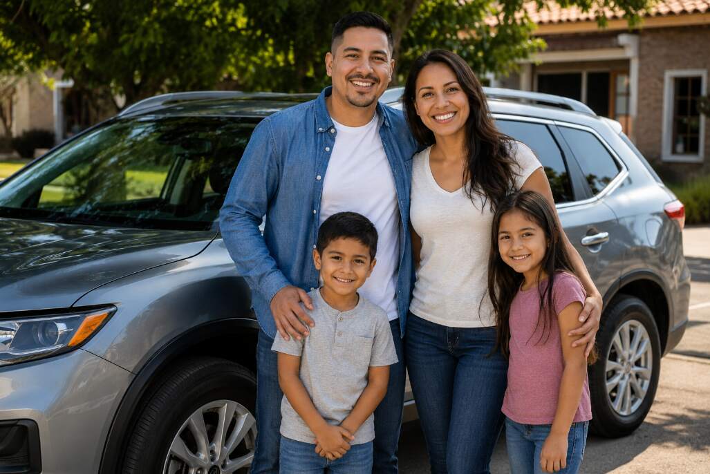 Familia latina junto a su vehículo al evaluar AAA Insurance