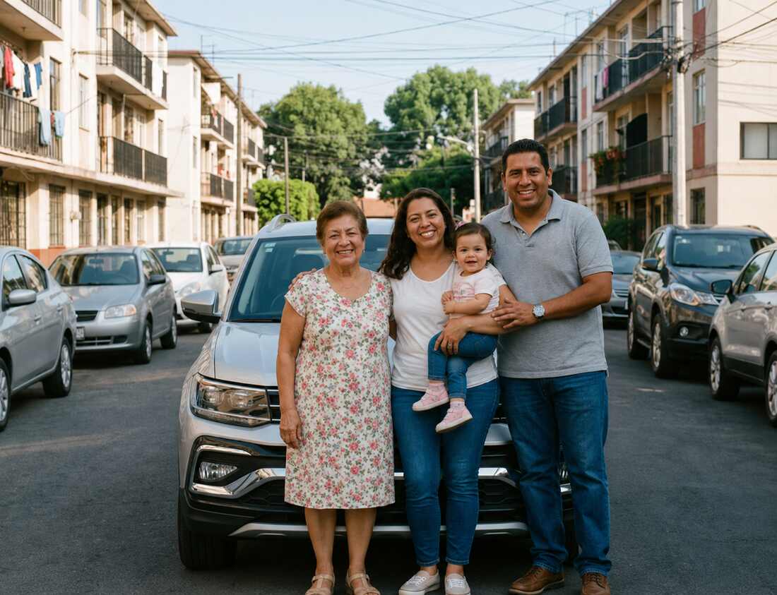 Familia latina junto a su vehículo protegida con un seguro de auto de Auto-Owners Insurance