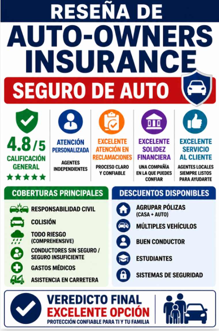 Infografía de la reseña de Auto-Owners Insurance con calificación, coberturas y descuentos