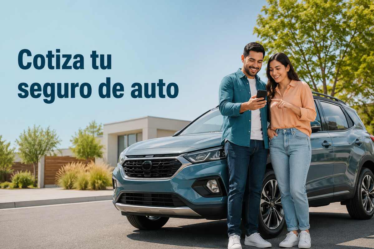 Pareja latina cotizando su seguro de auto junto a un vehículo