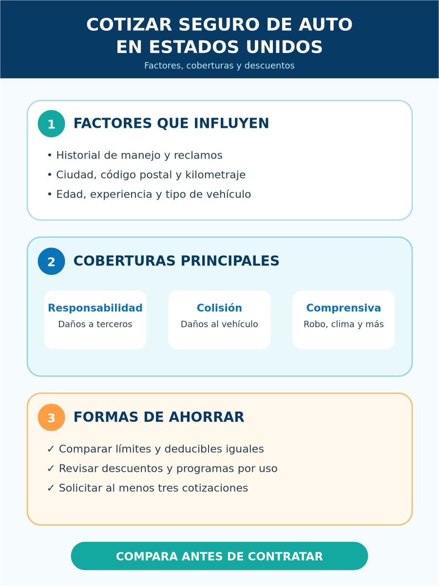 Infografía sobre factores, coberturas y descuentos al cotizar seguro de auto en Estados Unidos