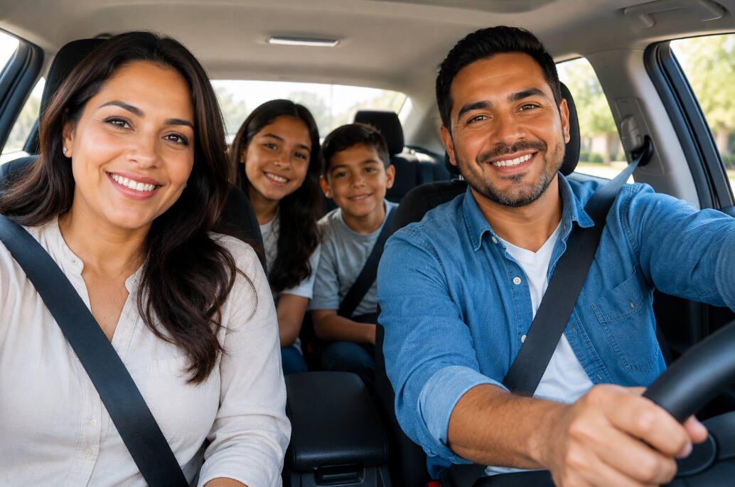 Familia latina viajando en automóvil mientras compara opciones de seguro