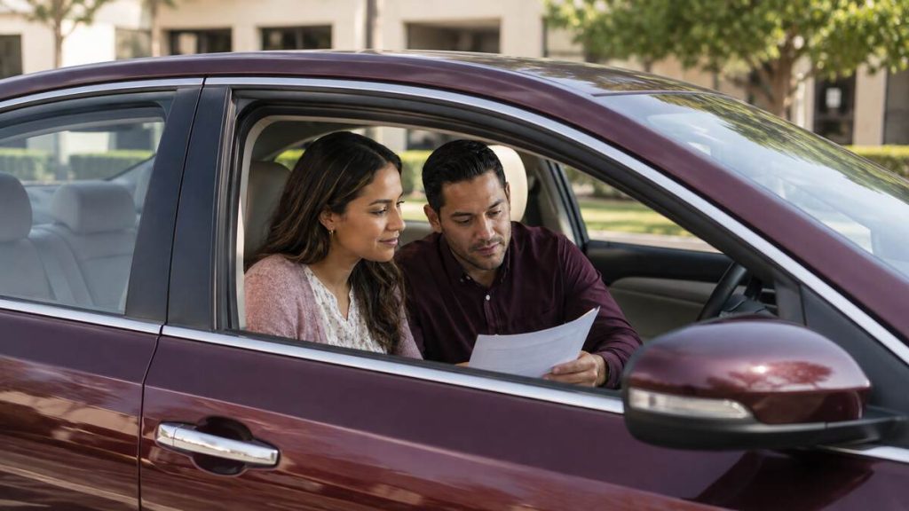 Pareja en su auto revisando una póliza de seguro de auto