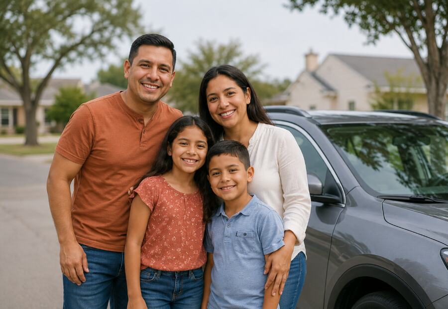 Familia latina junto a su vehículo al evaluar una póliza de Allstate Insurance
