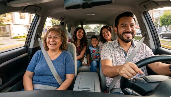 Familia latina viajando en auto mientras compara opciones de seguro