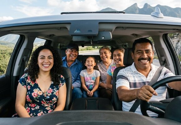 Familia latina viajando en automóvil como referencia al seguro de auto de La Familia Insurance