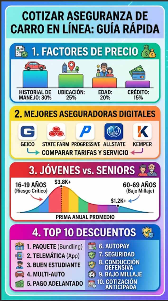 Infografía sobre factores, aseguradoras y descuentos para cotizar aseguranza de carro en línea