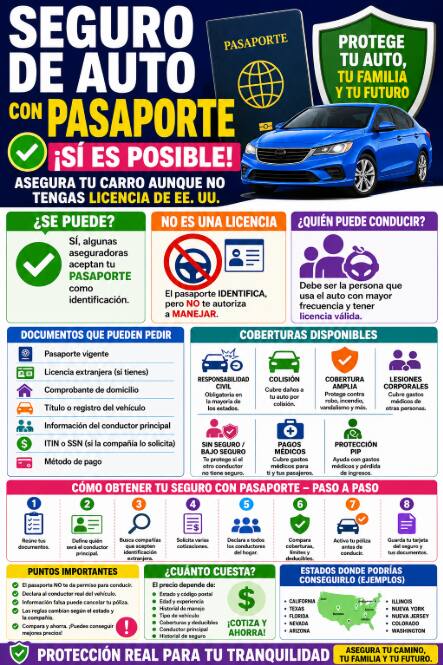 Guía visual sobre documentos, coberturas y pasos para obtener seguro de auto con pasaporte