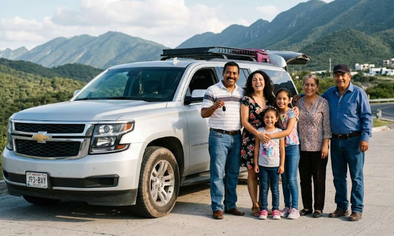 Familia latina junto a un vehículo asegurado con cobertura de responsabilidad civil