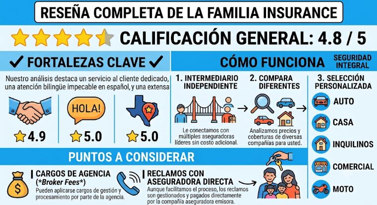 Infografía de la reseña de La Familia Insurance con fortalezas, funcionamiento y aspectos a considerar